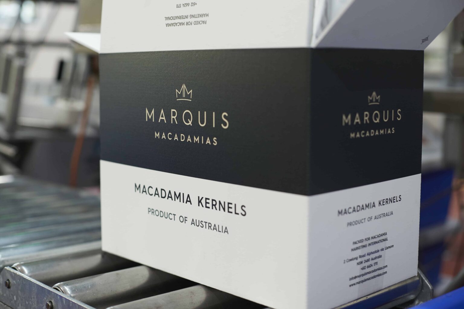 Box of macadamia nuts with Marquis branding